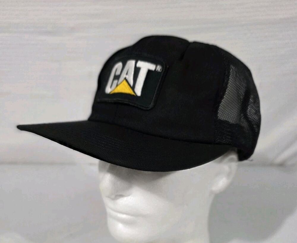 Vtg CAT Caterpillar Trucker Hat Black Mesh Patch Snapback Tonkin Made In USA